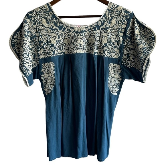 Women's Buddy Love Embroidered Blue Short Sleeve Top - Picture 1 of 8